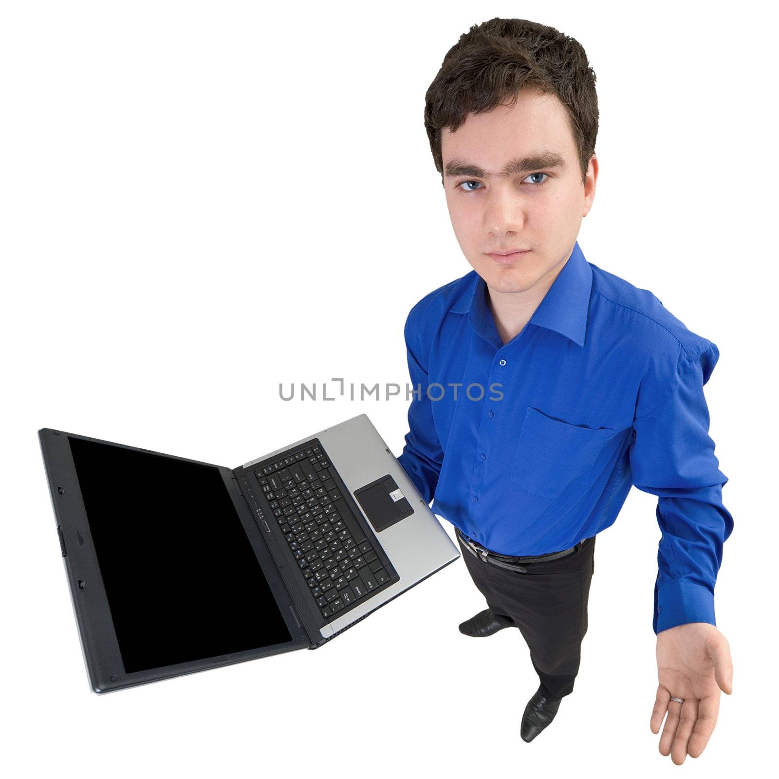 Young businessman with the laptop on a white background