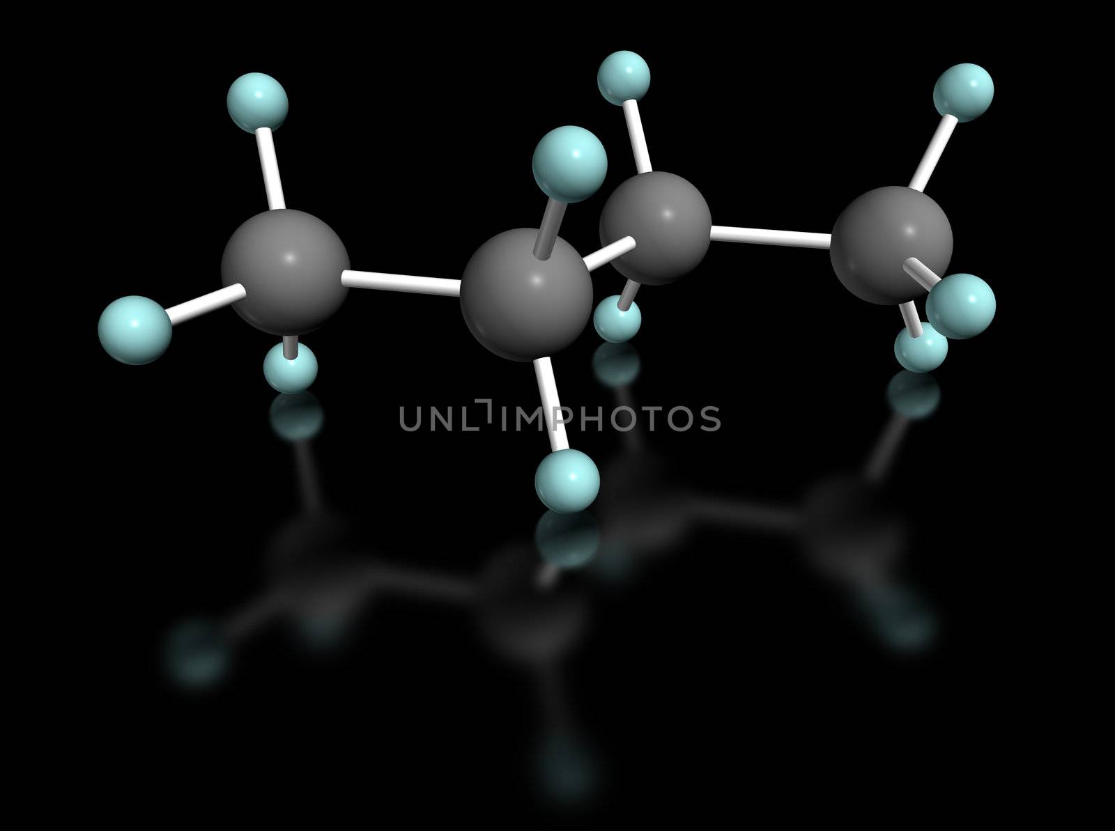 3D molecular model of butane on black background
