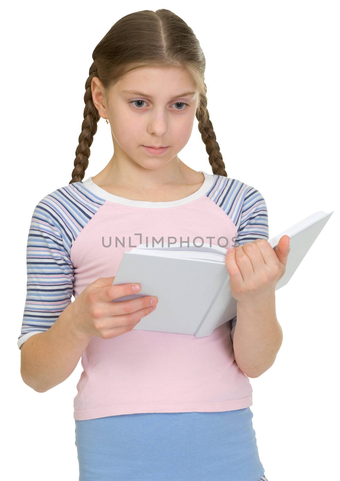Teenager girl read book on the white background