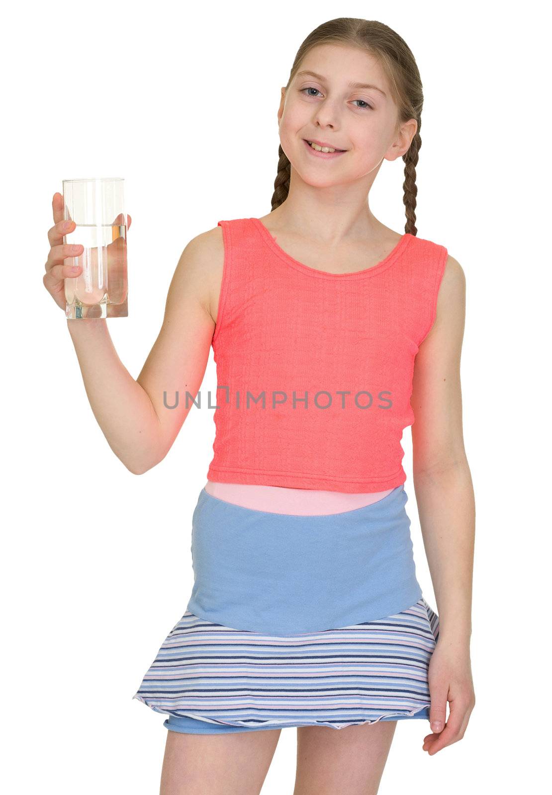 Young girl with glass of water on the white background