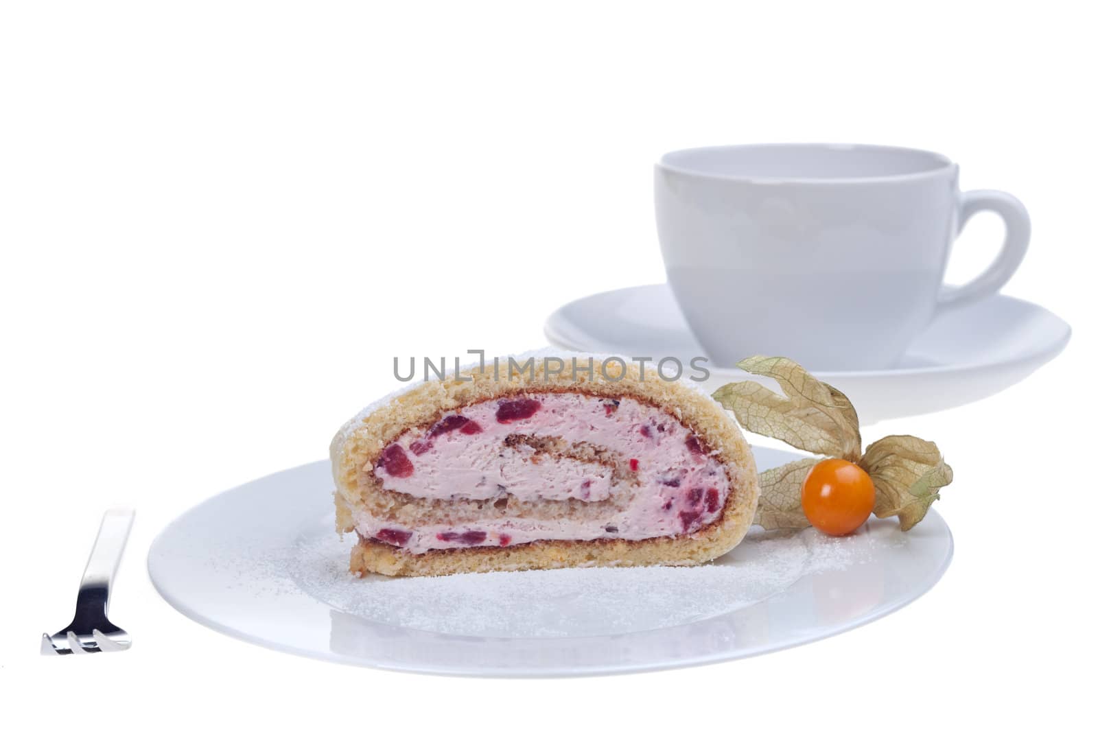 slice of a jelly roll cake on a white plate by bernjuer