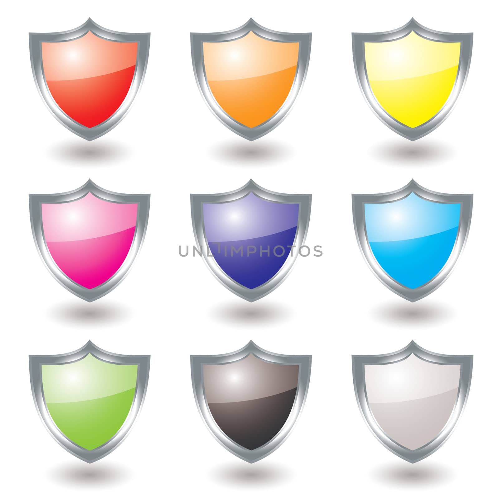 Collection of nine silver shields with color variations and shadow