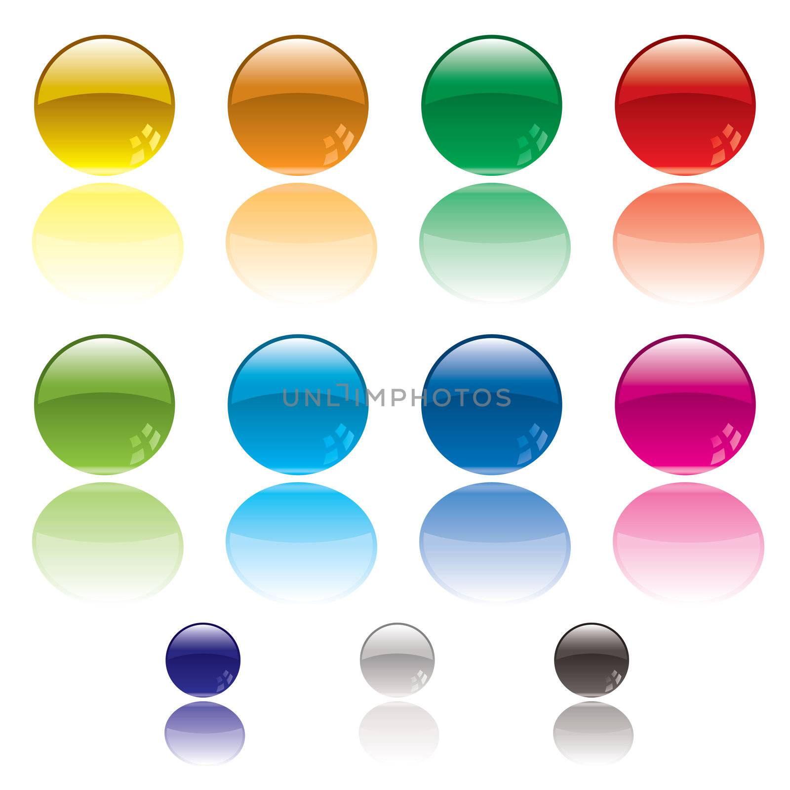Collection of colorful circular web icons with reflection in white surface