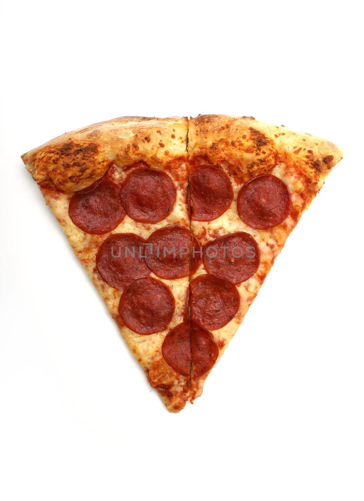 A slice of pepperoni pizza on white background.