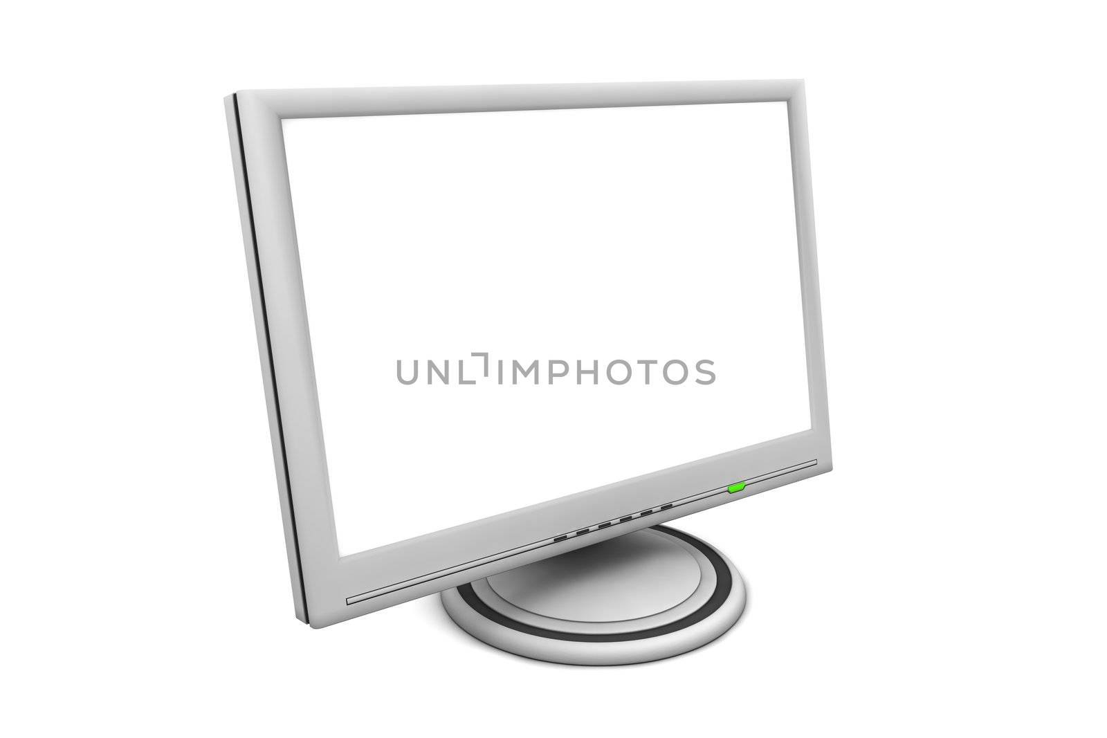 flat screen lcd computer monitor with white screen and a green status led - angular view