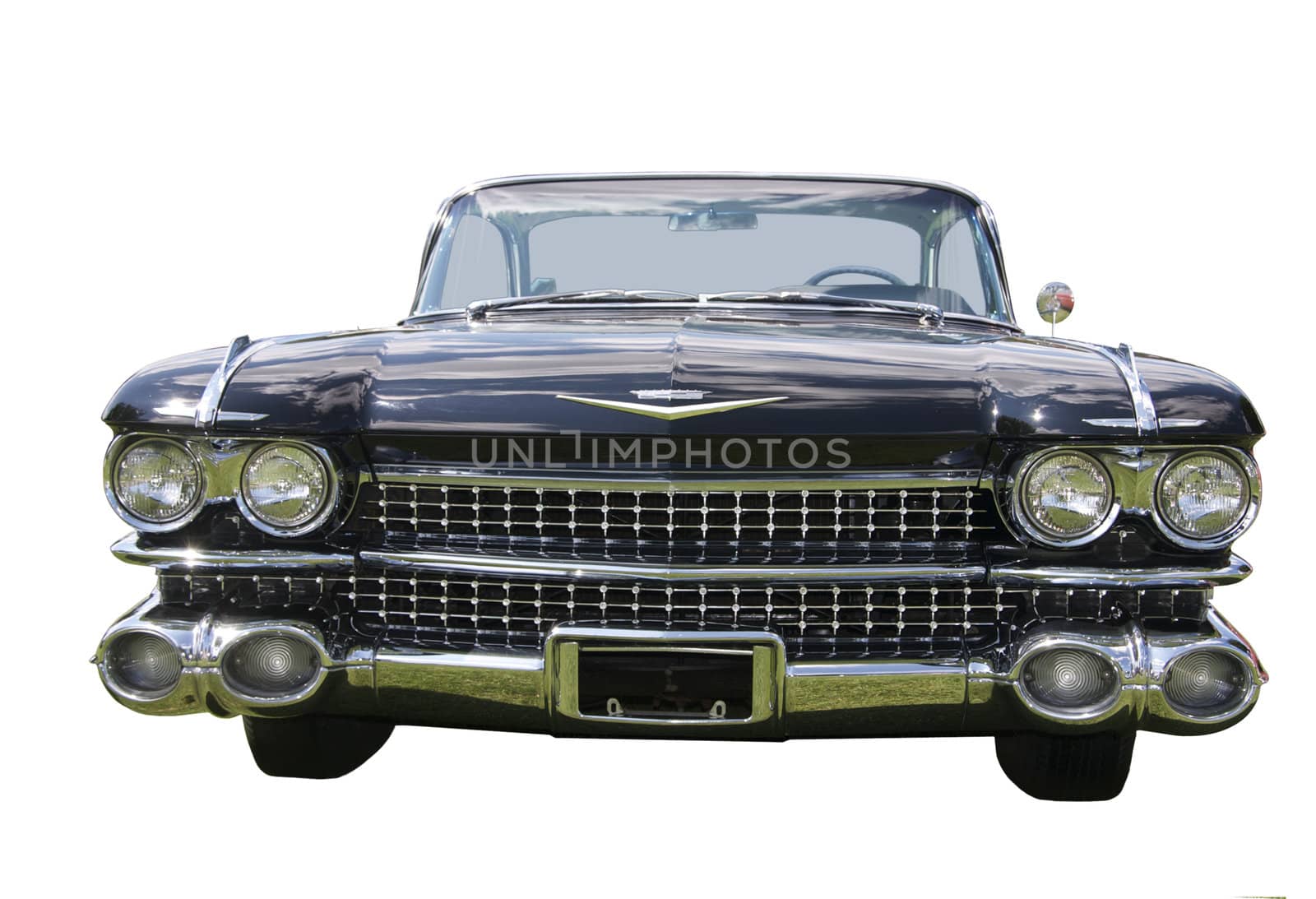 1960s classic black Cadillac isolated on white.