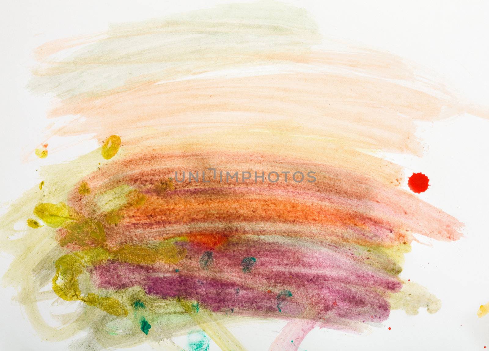 Childish multicolored drawing on the white sheet of paper
