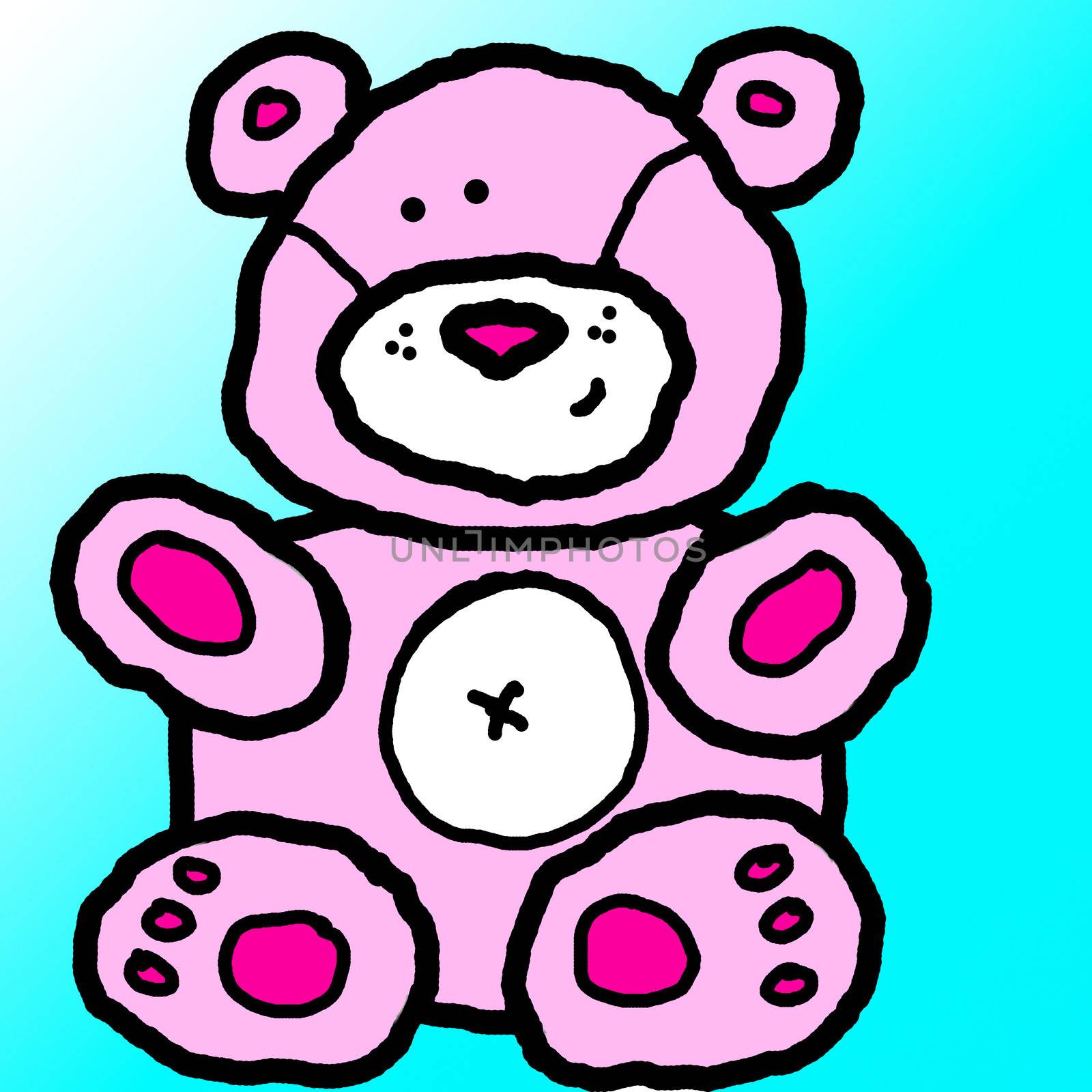 A cute pink teddy bear with a ble background.