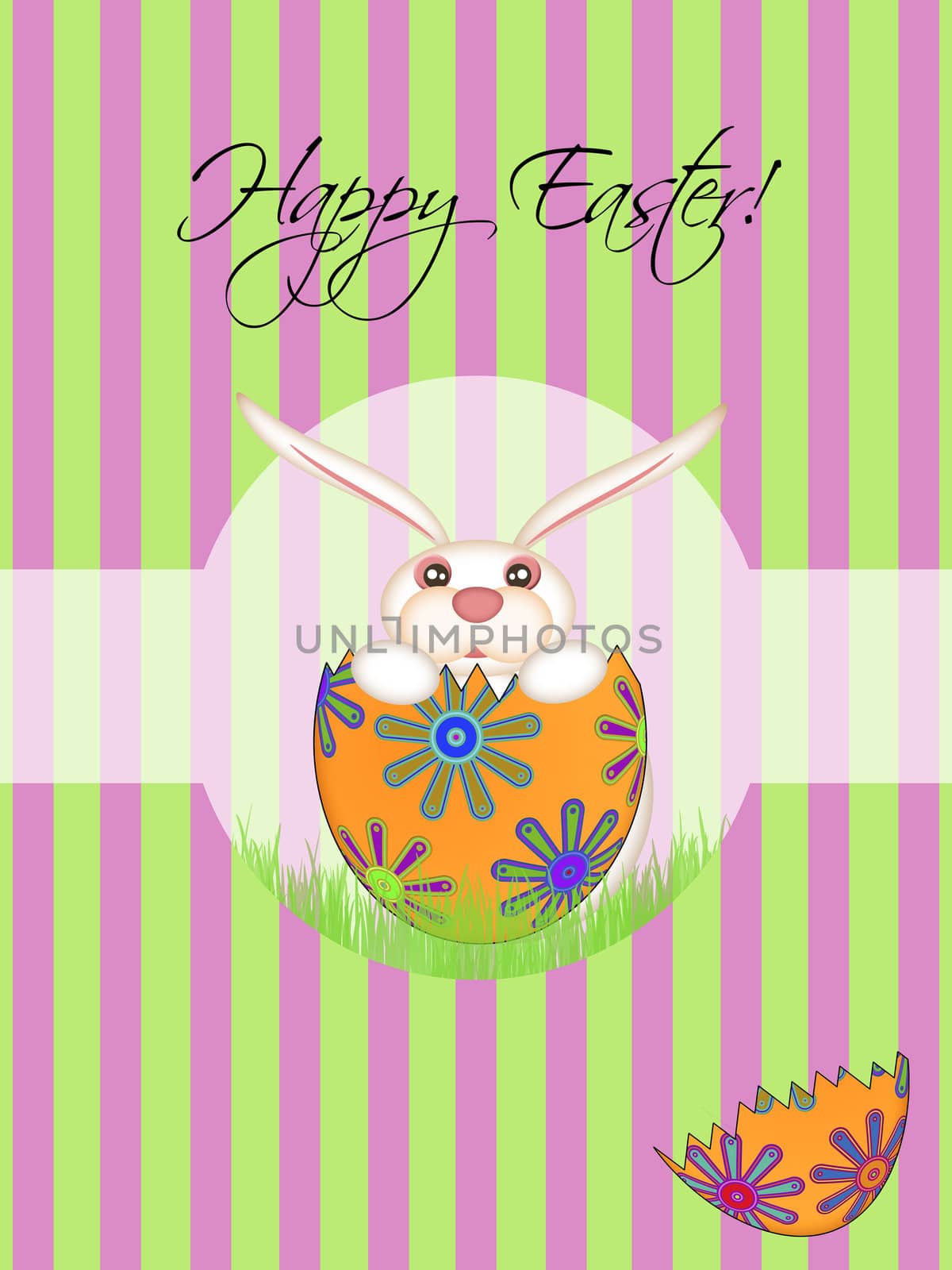 Happy Easter Chick Hatching from Floral Egg Illustration