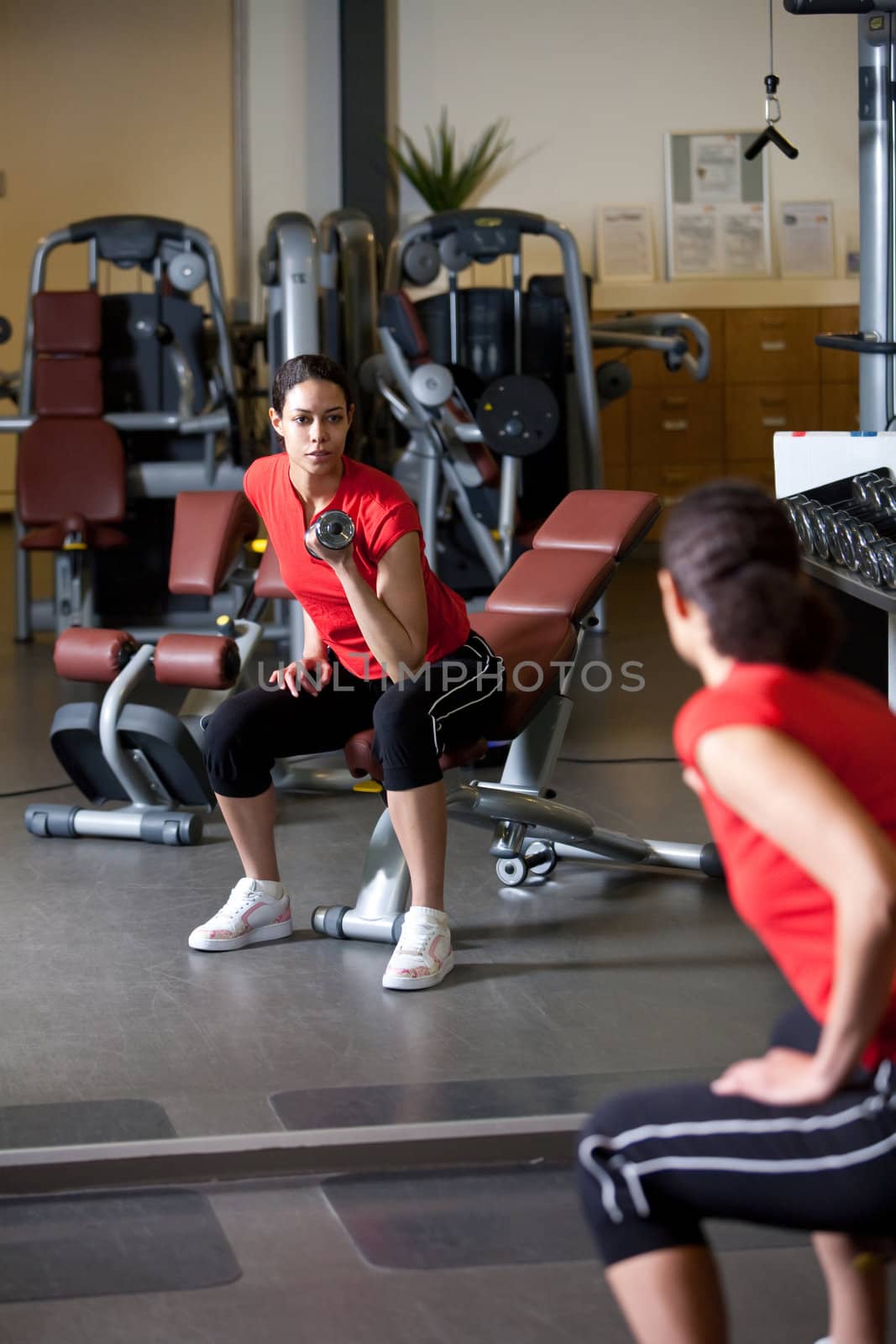 Attractive woman working out with weights in the gym