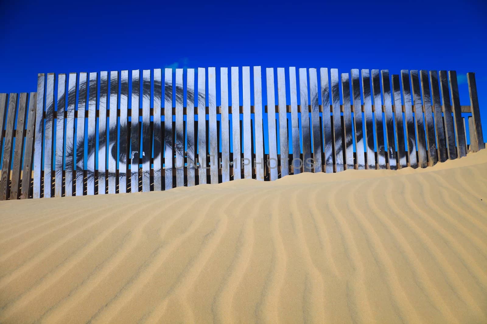 Superposed eyes on the boards of a dune of Cortadura's beach ( Cádiz )