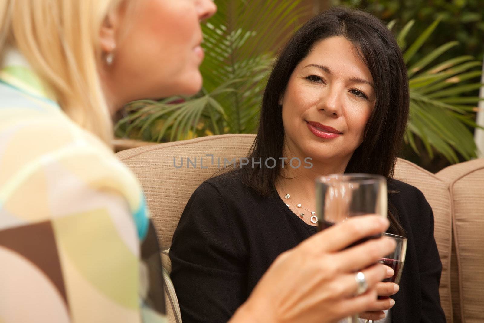 Two Girlfriends Enjoy Wine on the Outdoor Patio.