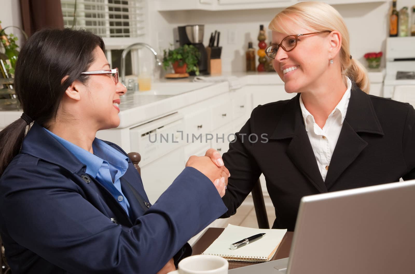 Businesswomen Shaking Hands Working on the Laptop Together in the Kitchen.