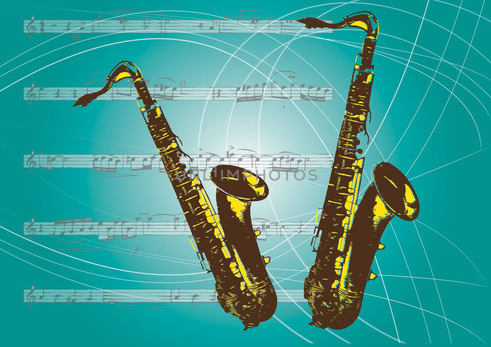 An illustration of a pair of saxaphones set on a landscape format background of thin lines and musical notations and musical notes.