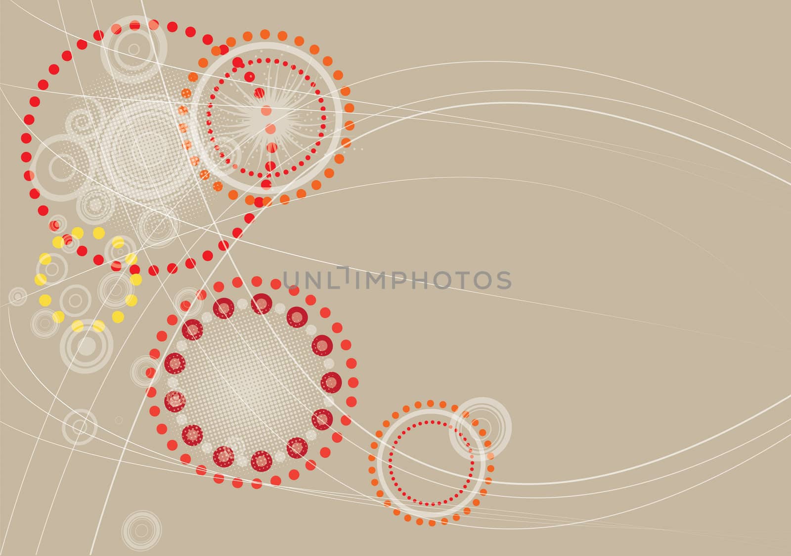 A landscape format abstract pattern with a light brown based theme. Thin flowing lines and concentric circles in oranges, reds and yellows. Ideal for background wallpaper use and for hand held device.