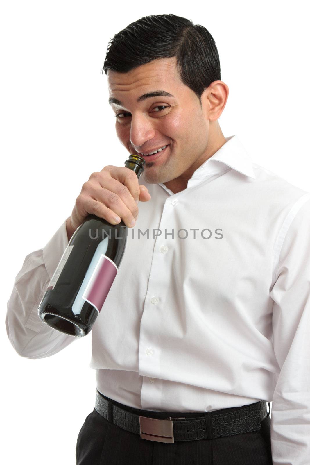 Alcohol abuse man drinking from wine bottle by lovleah