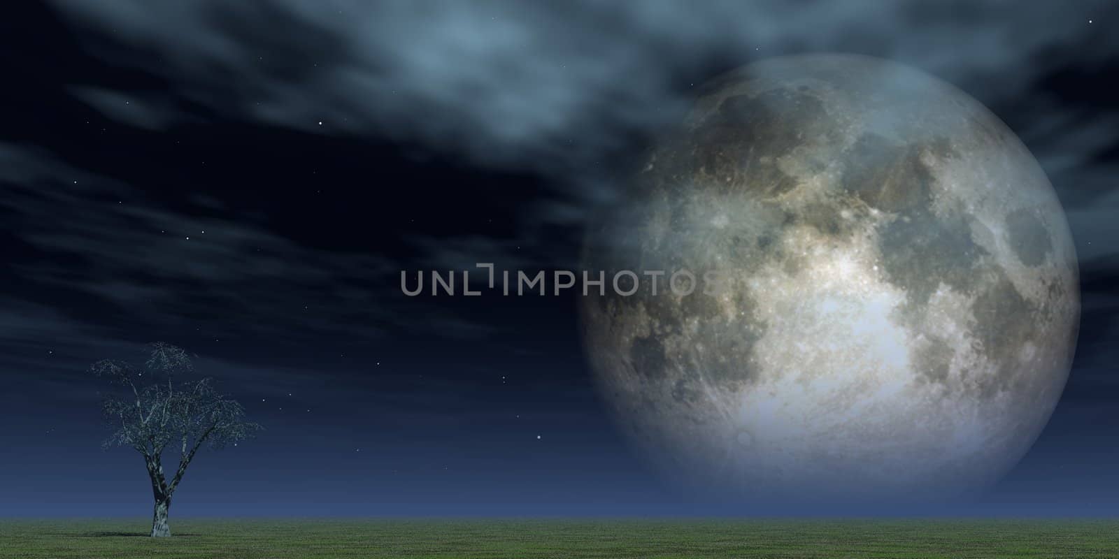 lonely tree at green field and full moon - 3d illustration