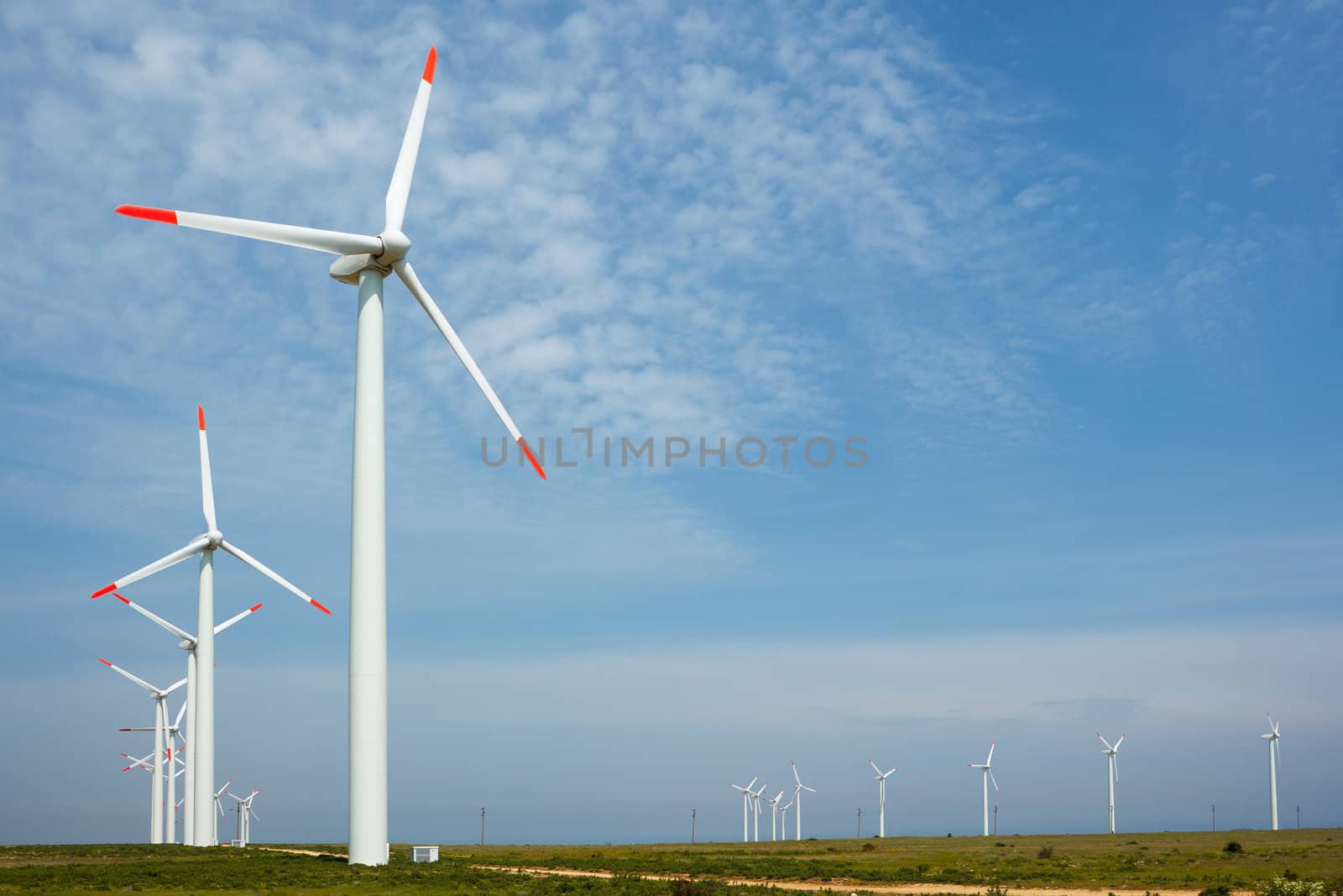 Electric windmill farm with many propellers, large industry turbines