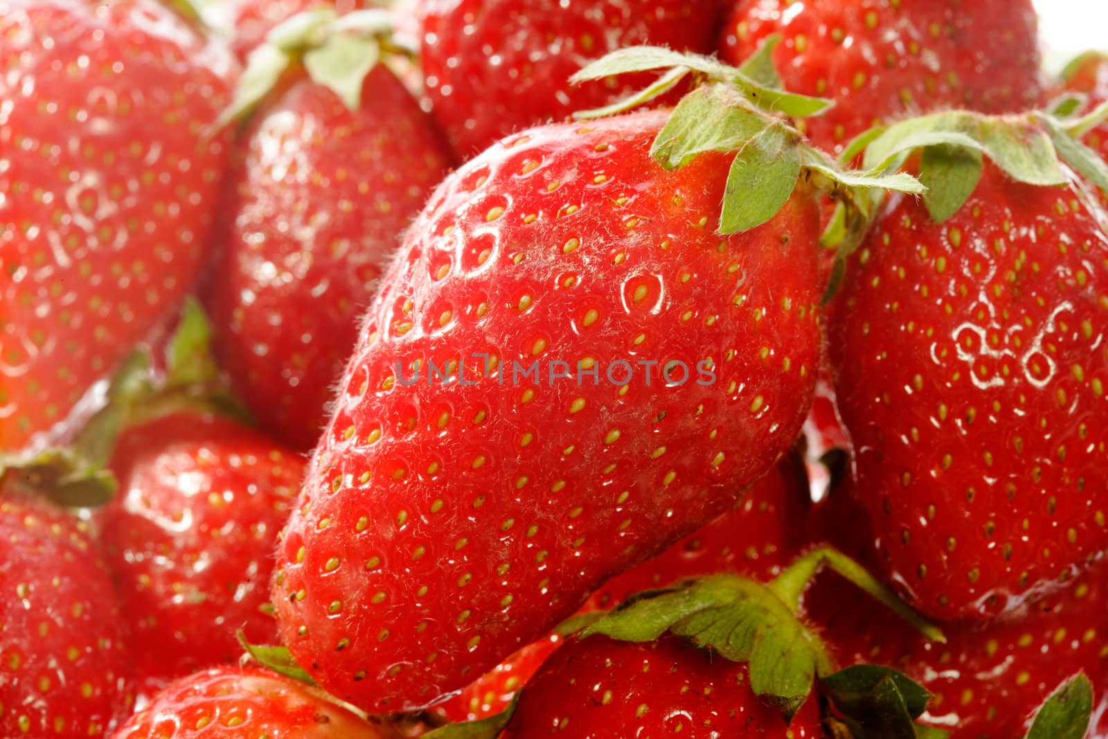 Big ripe strawberry placed at the top of other strawberries