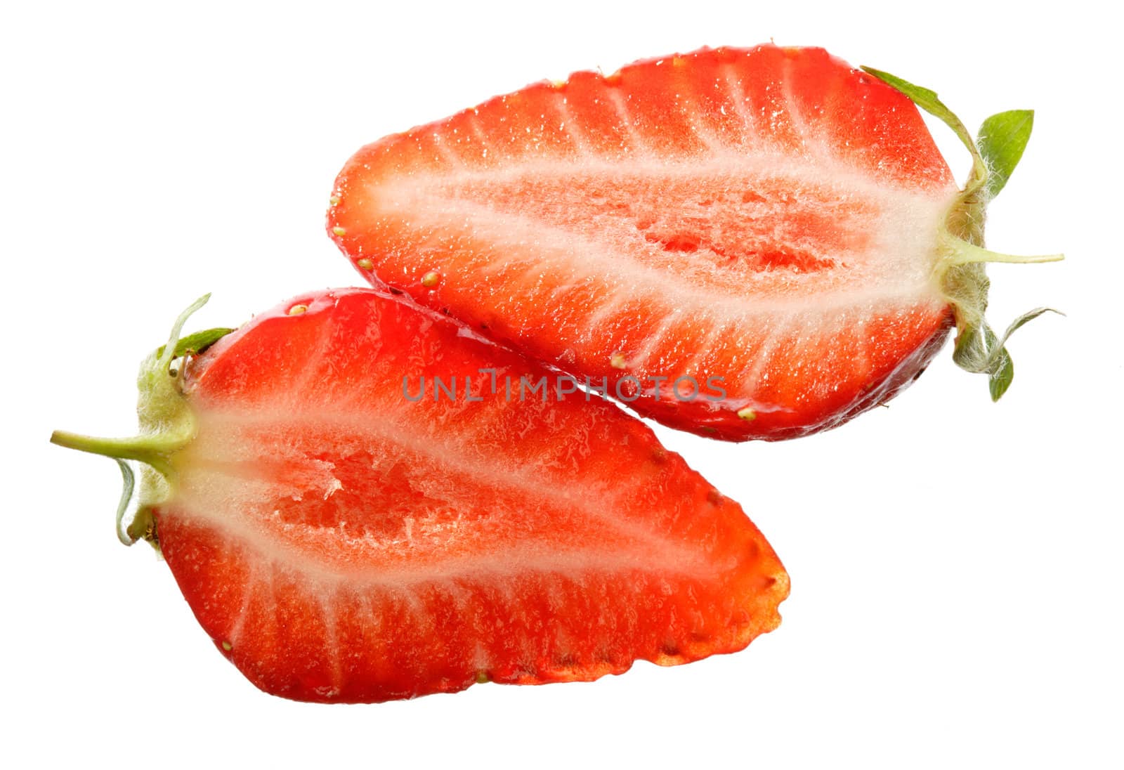 Red strawberry sliced cut into two slices isolated on white