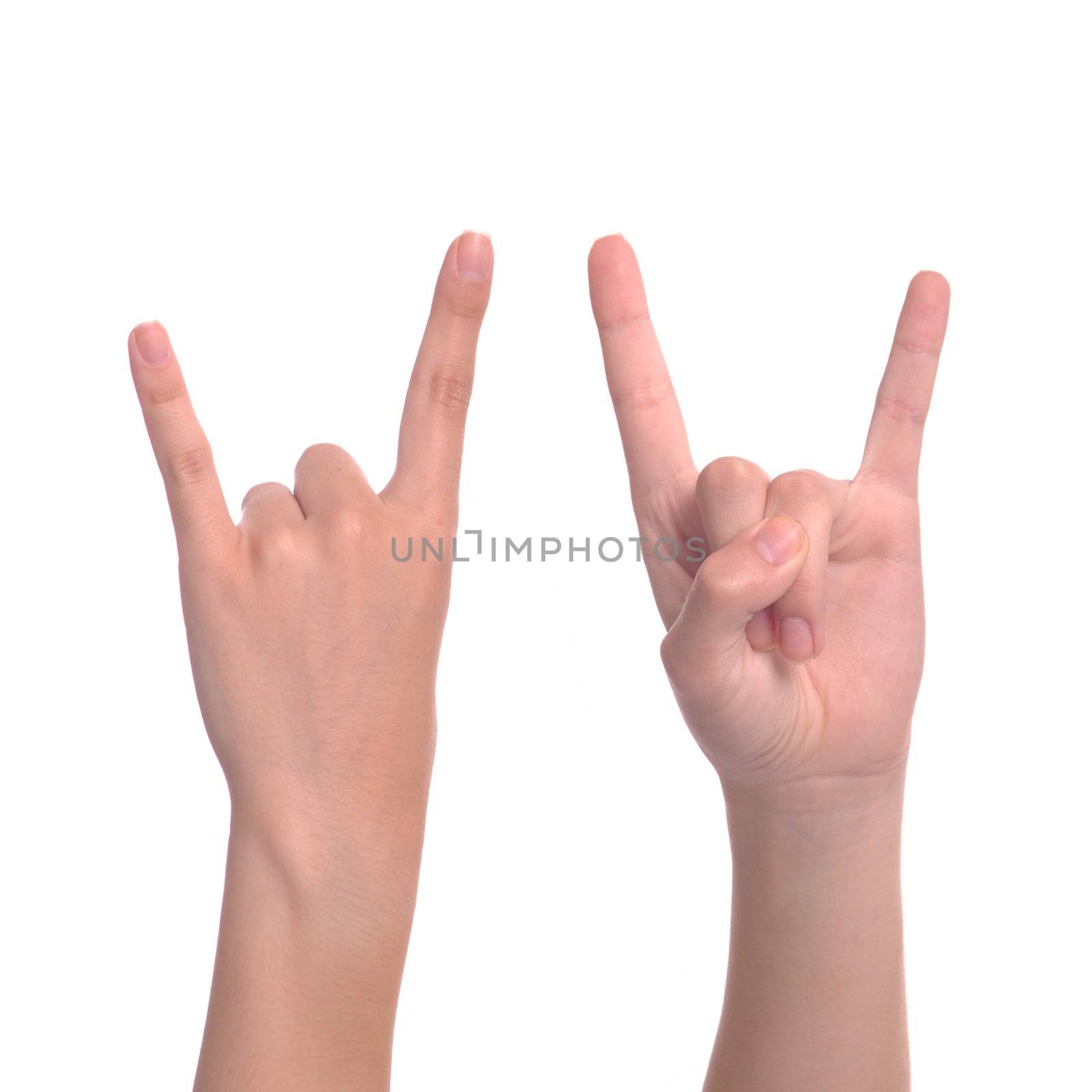 woman hand giving the devil horns gesture (isolated on white background)