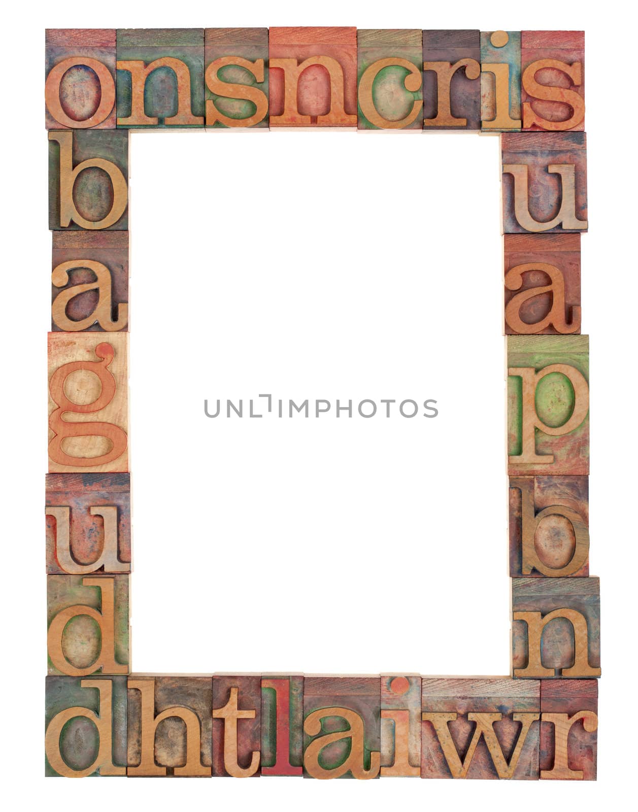vertical alphabet frame - random vintage wood letterpress printing blocks surrounding white copy space