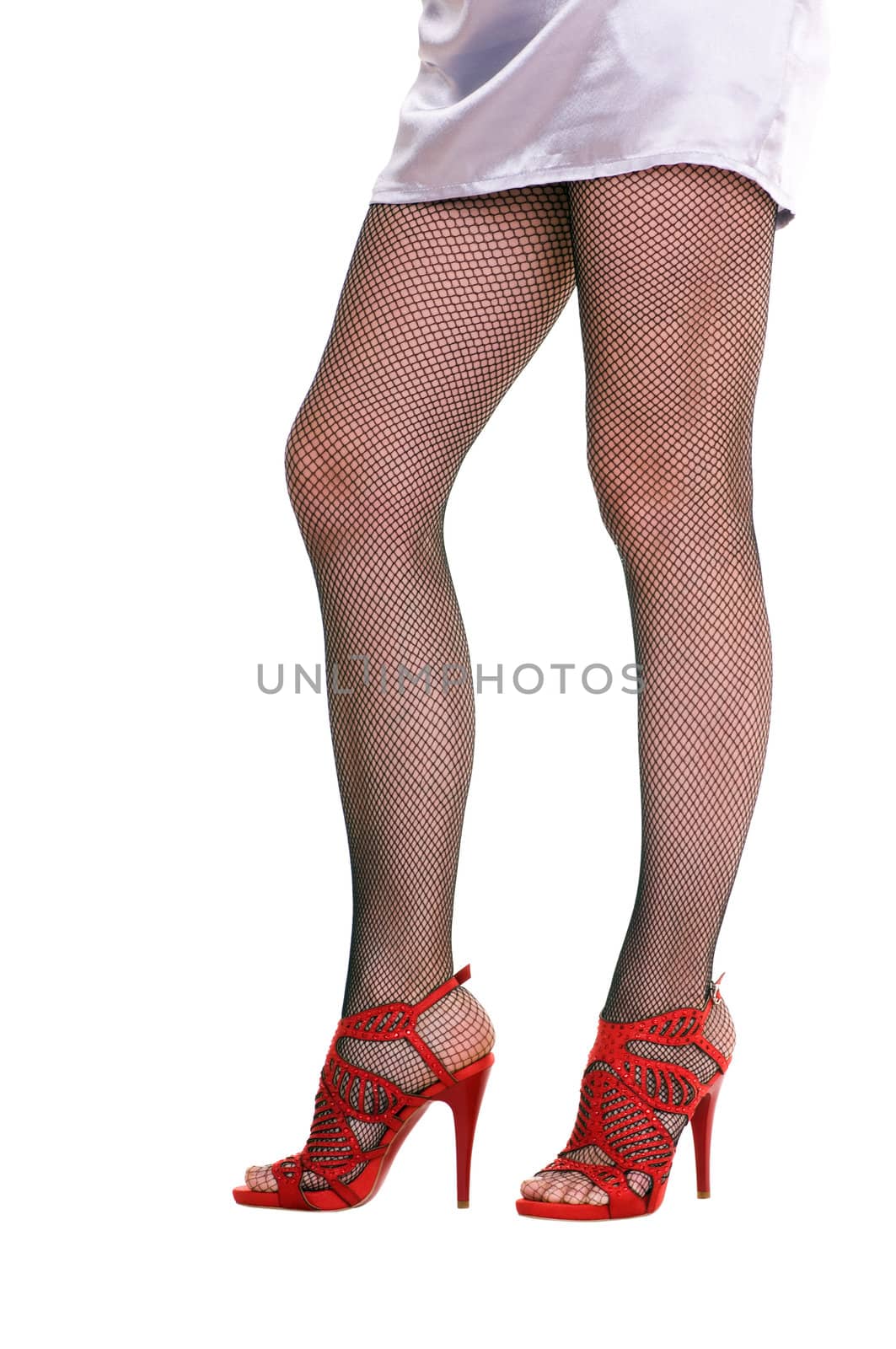 female legs in black pantyhose isolated on white background