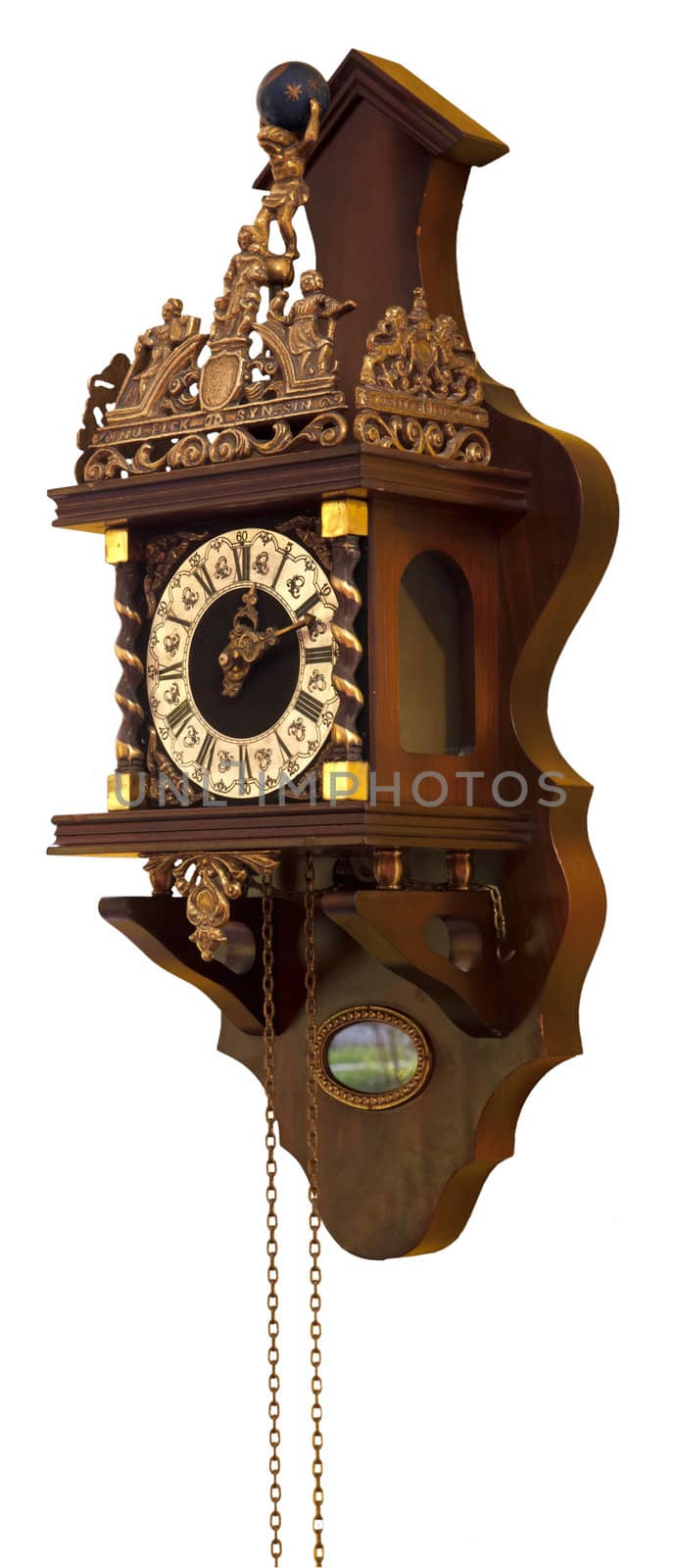 Old classic clock with bronze and gold ornaments, isolated on a white background