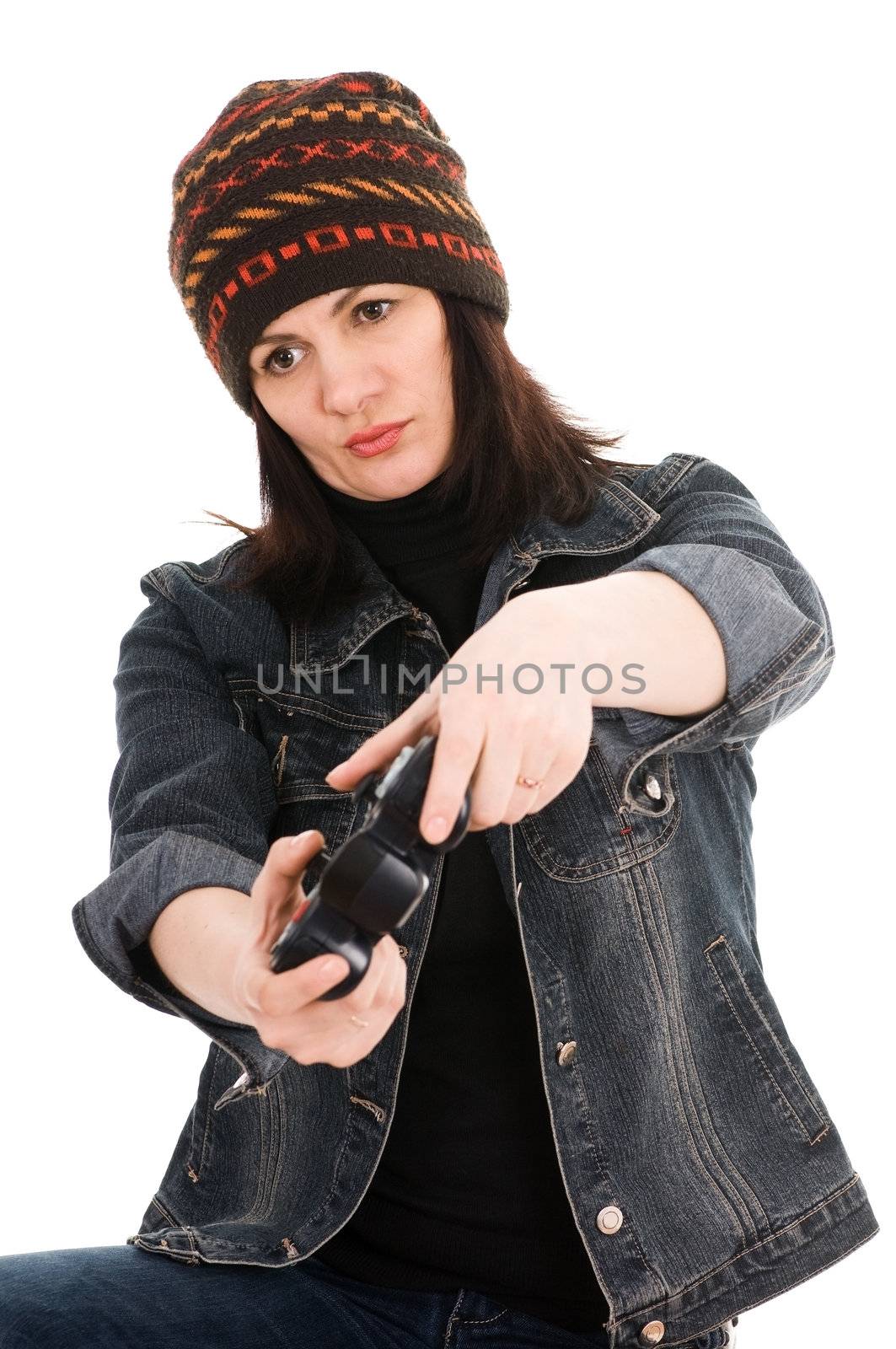 woman gamer with joystick isolated on white background