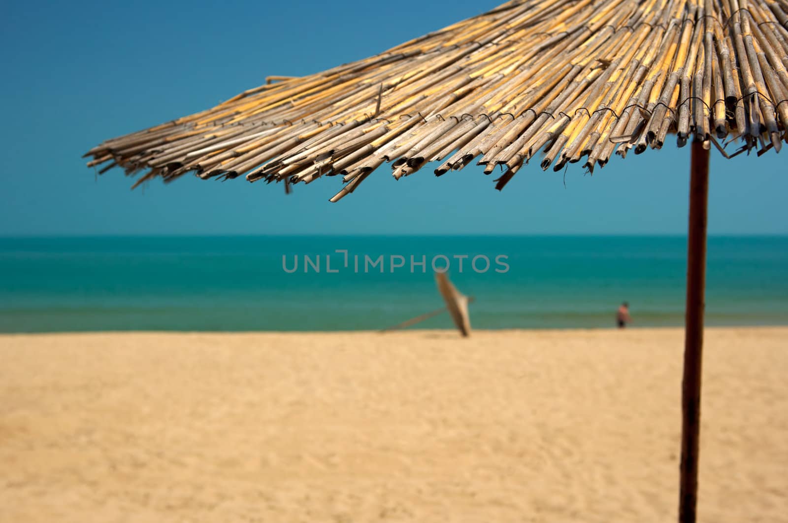 Tropical beach with parasols, blue sea water and golden sands.