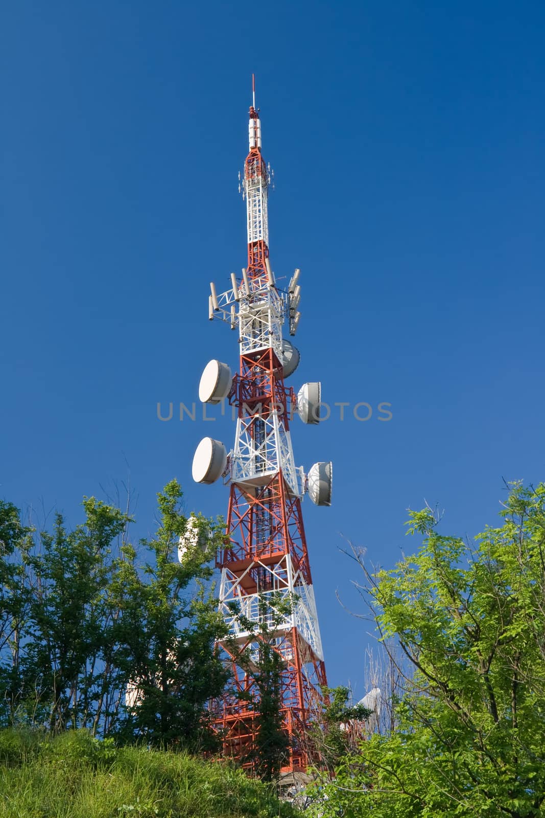 Telecommunication tower between trees above the town. The photo is taken with use of circular polarizer 
