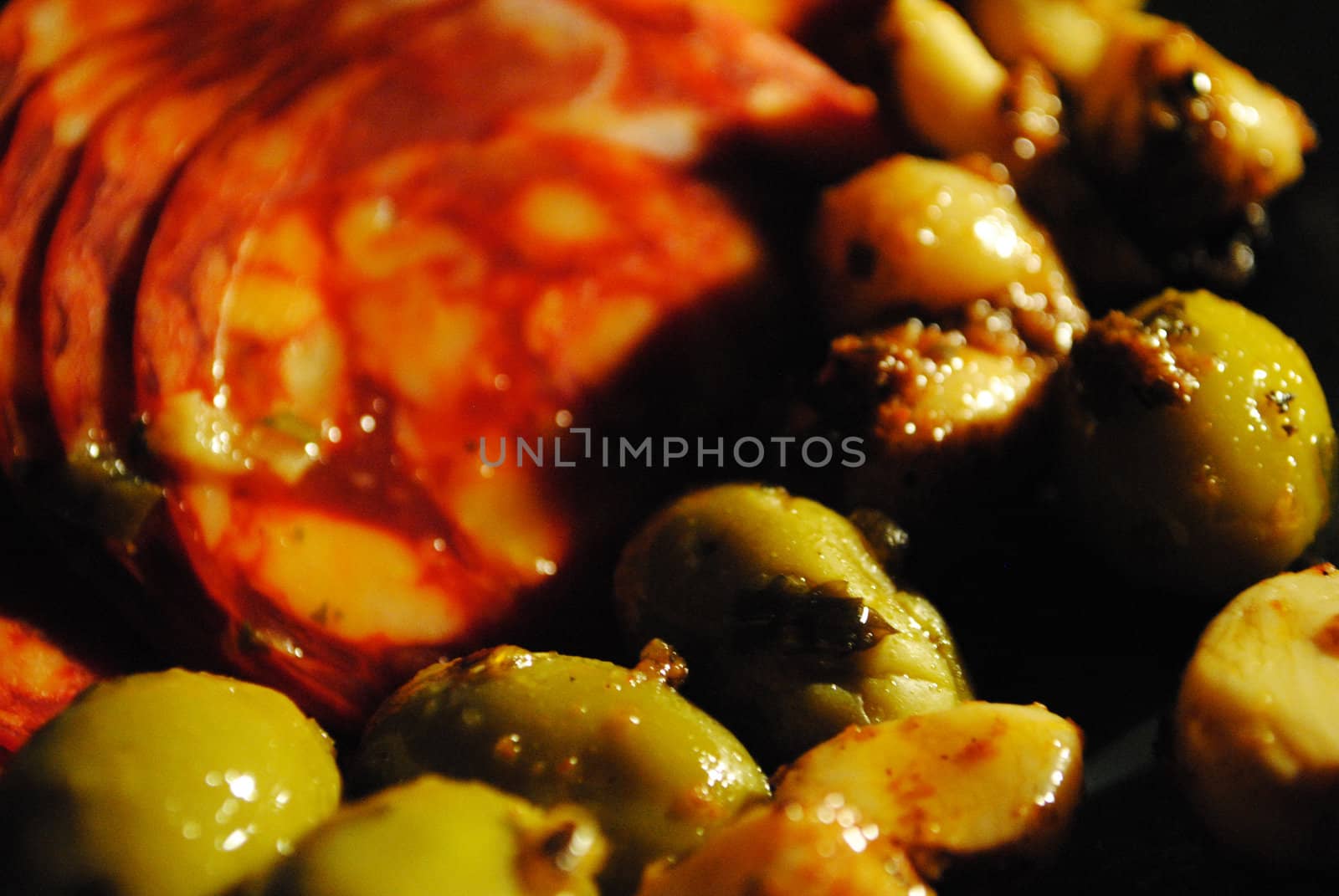 Chorizo, olives and garlic.