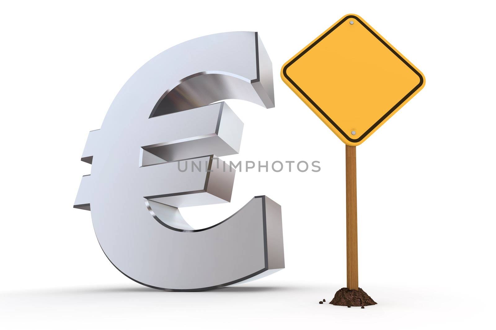 shiny metallic Euro symbol with yellow quadrangular warning sign