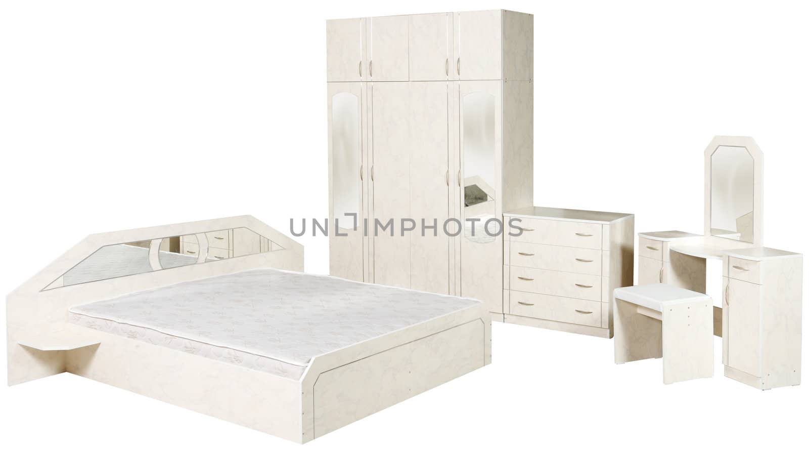 White bedroom furniture set, isolated on white