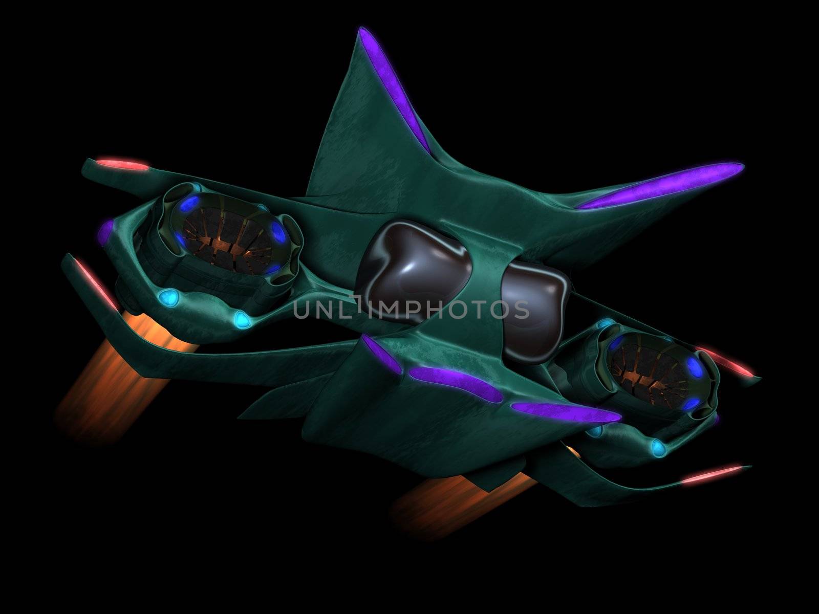 Alien space ship front view on a black background