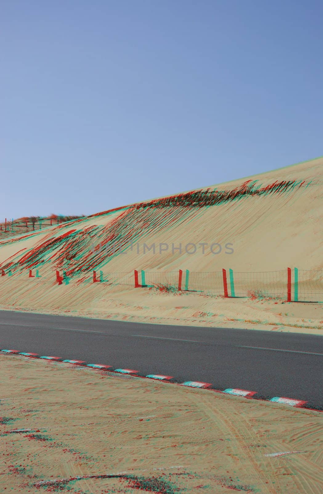 Isolated dunes landscape with a road and with a real stereoscopic effect by shkyo30