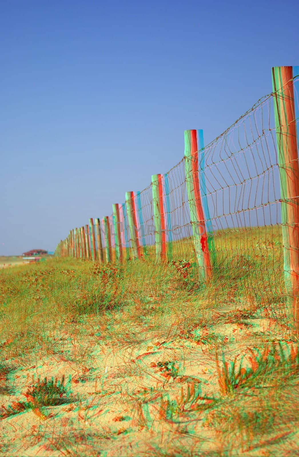 Wood post barrier foreground to background on dunes with little vegetation and with a real stereoscopic effect