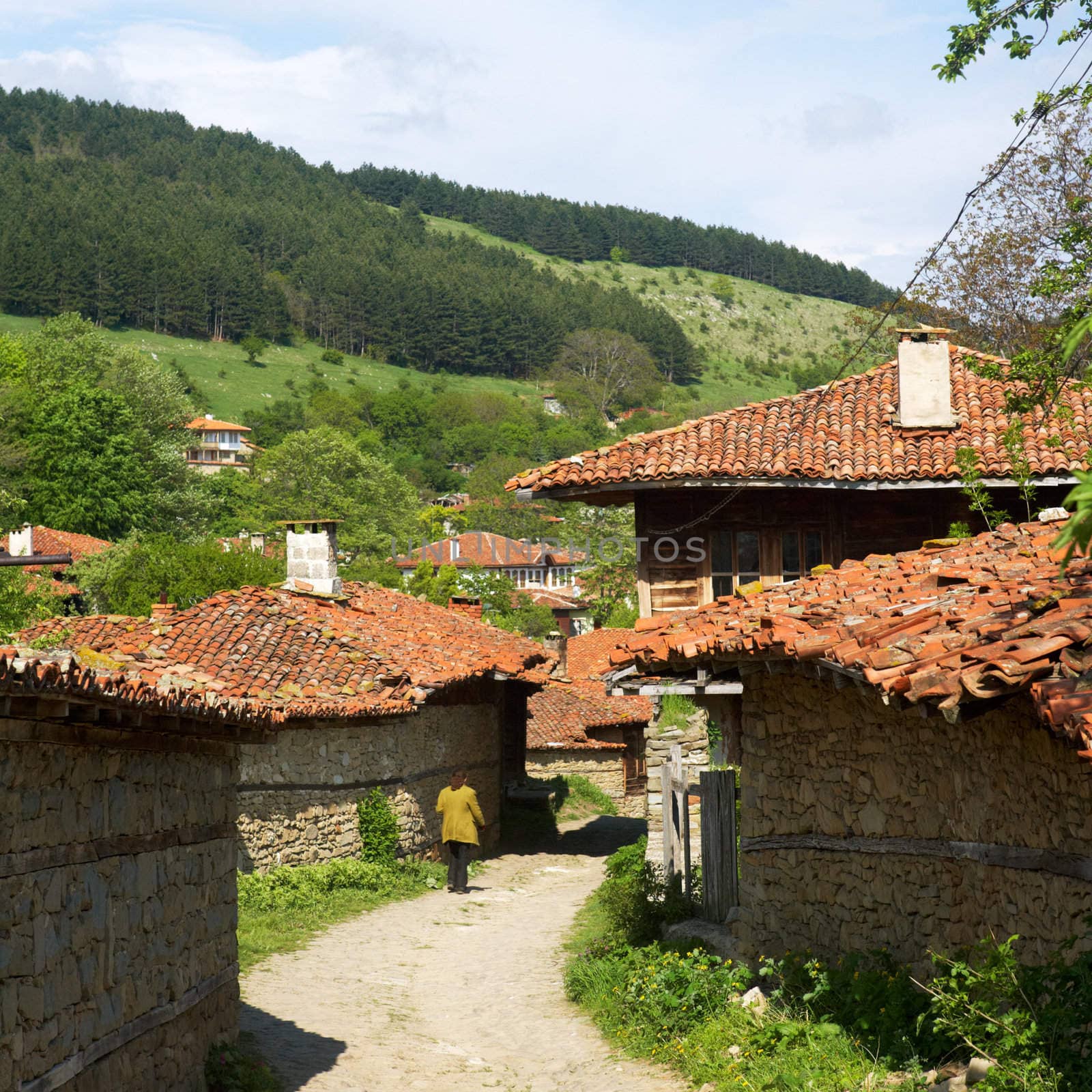 Jeravna village, Bulgaria, street with traditional wooden houses