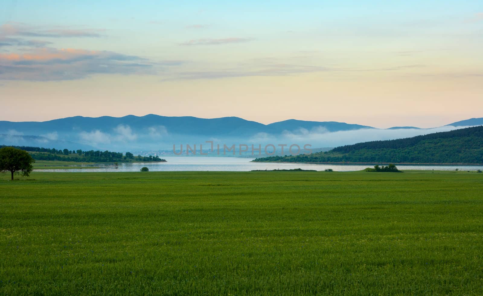 Morning landscape with Zrebchevo dam lake near Sliven, Bulgaria