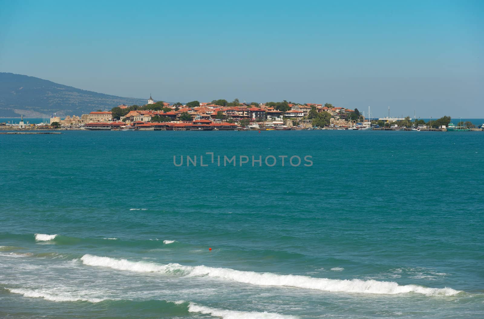 View over the ancient town of Nessebar, Bulgaria, situated on a peninsula at teh Black Sea coast.