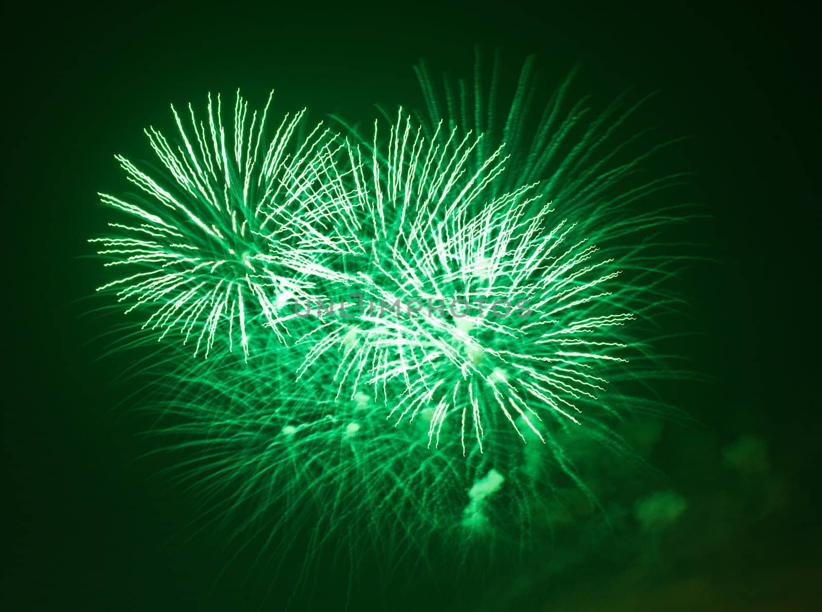 green fireworks at night by Alekcey