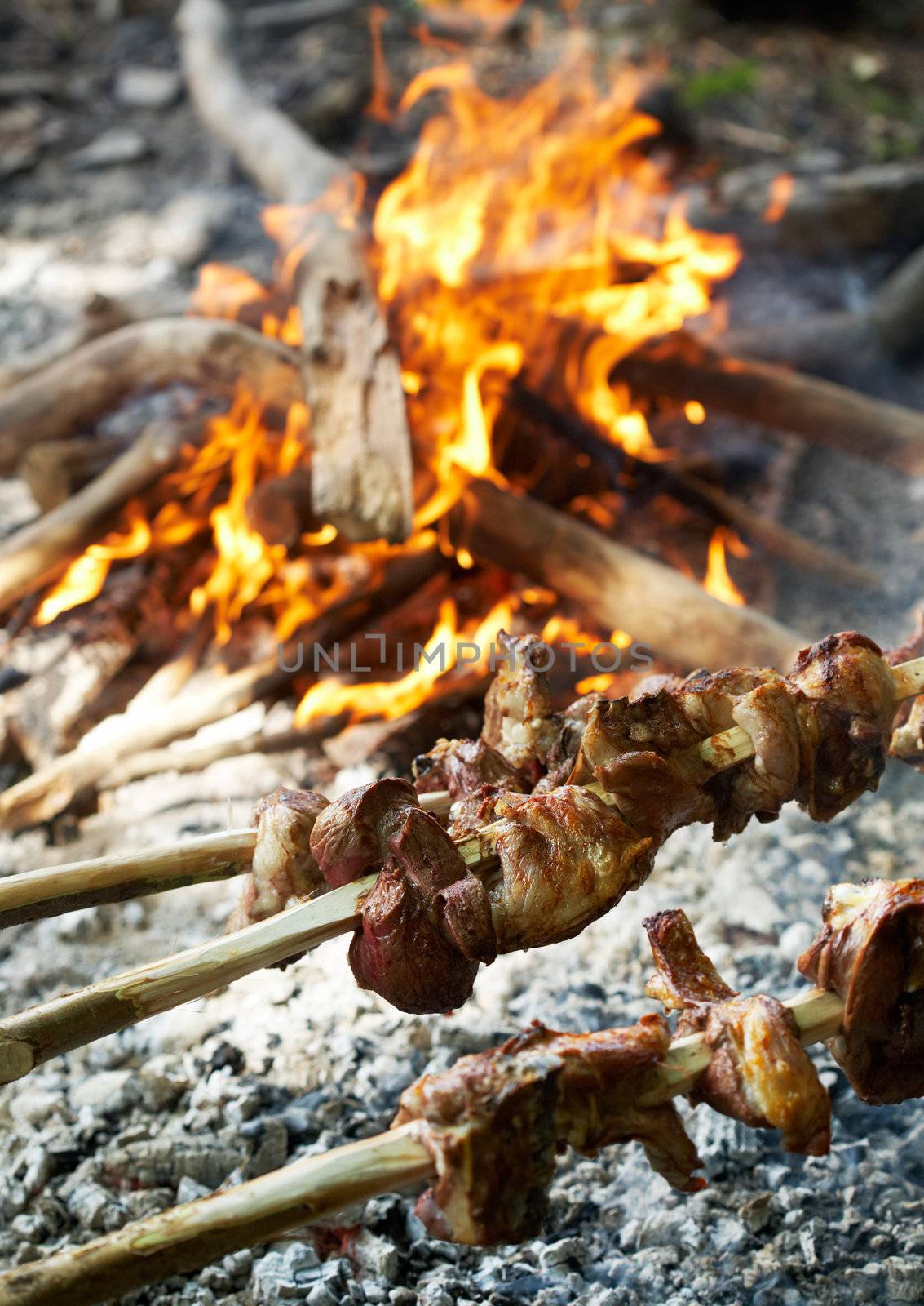 Roasting lamb on open fire