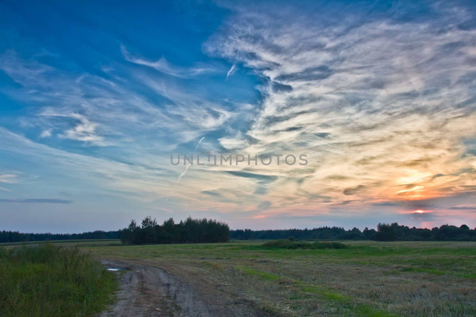 road in field at beautiful sunrise cloudscape