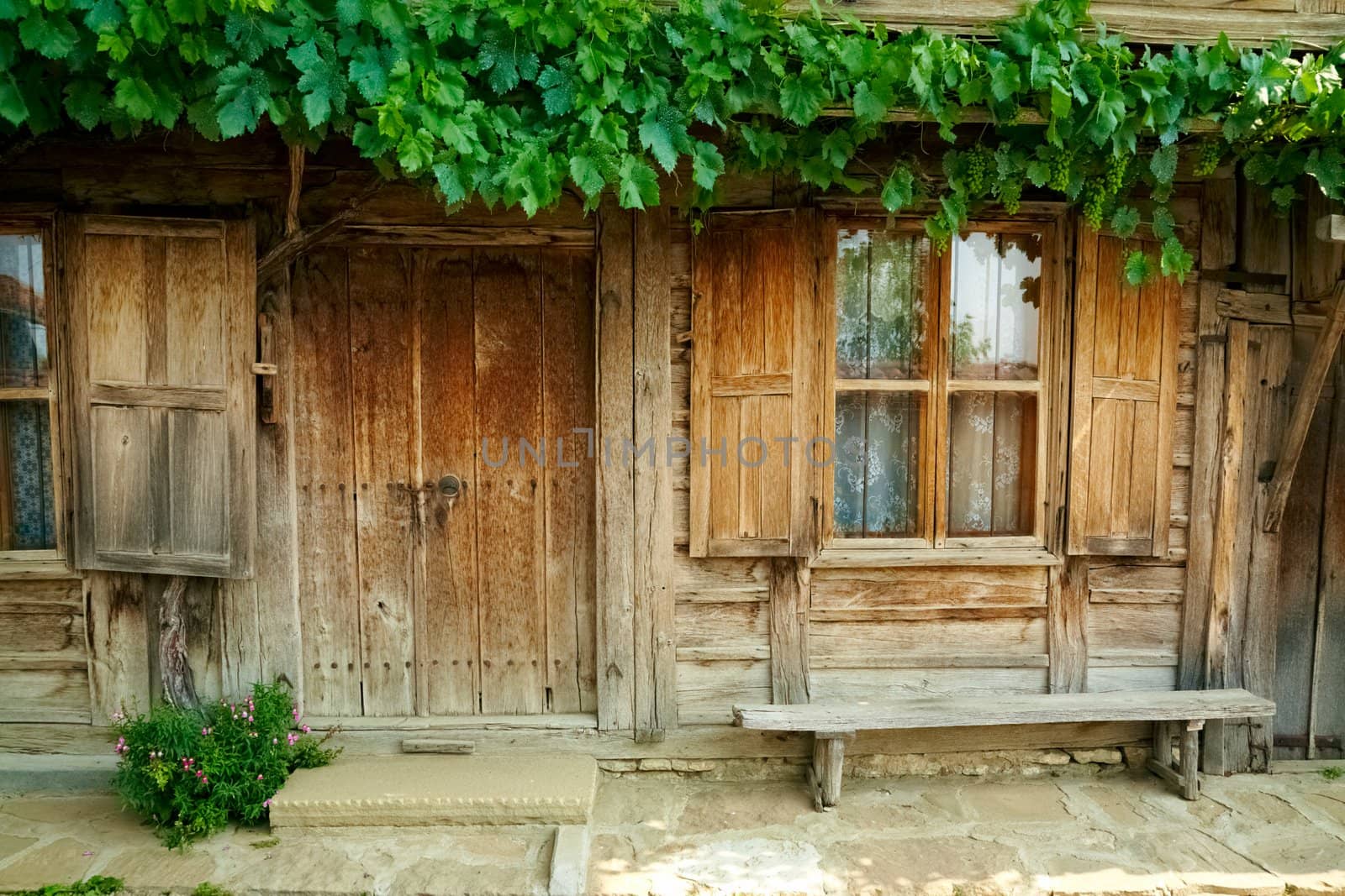 The front side of a 300 years old wooden house in Jeravna village, Bulgaria