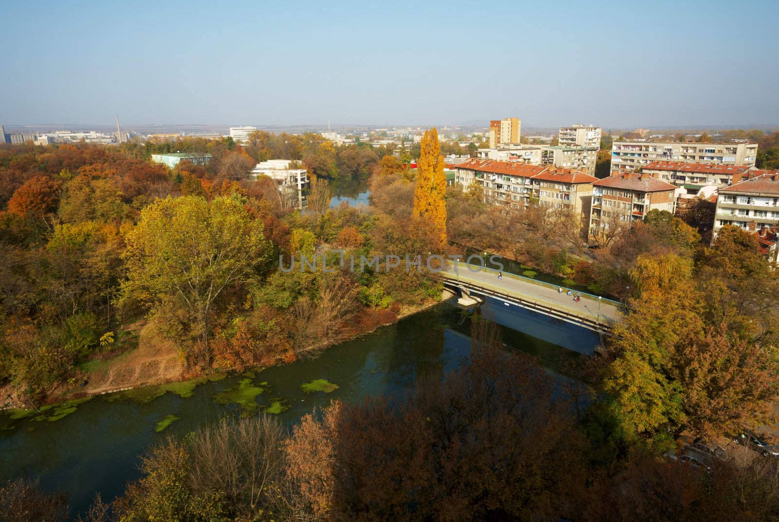 Overview of the Yambol town, Bulgaria and the Tundja river