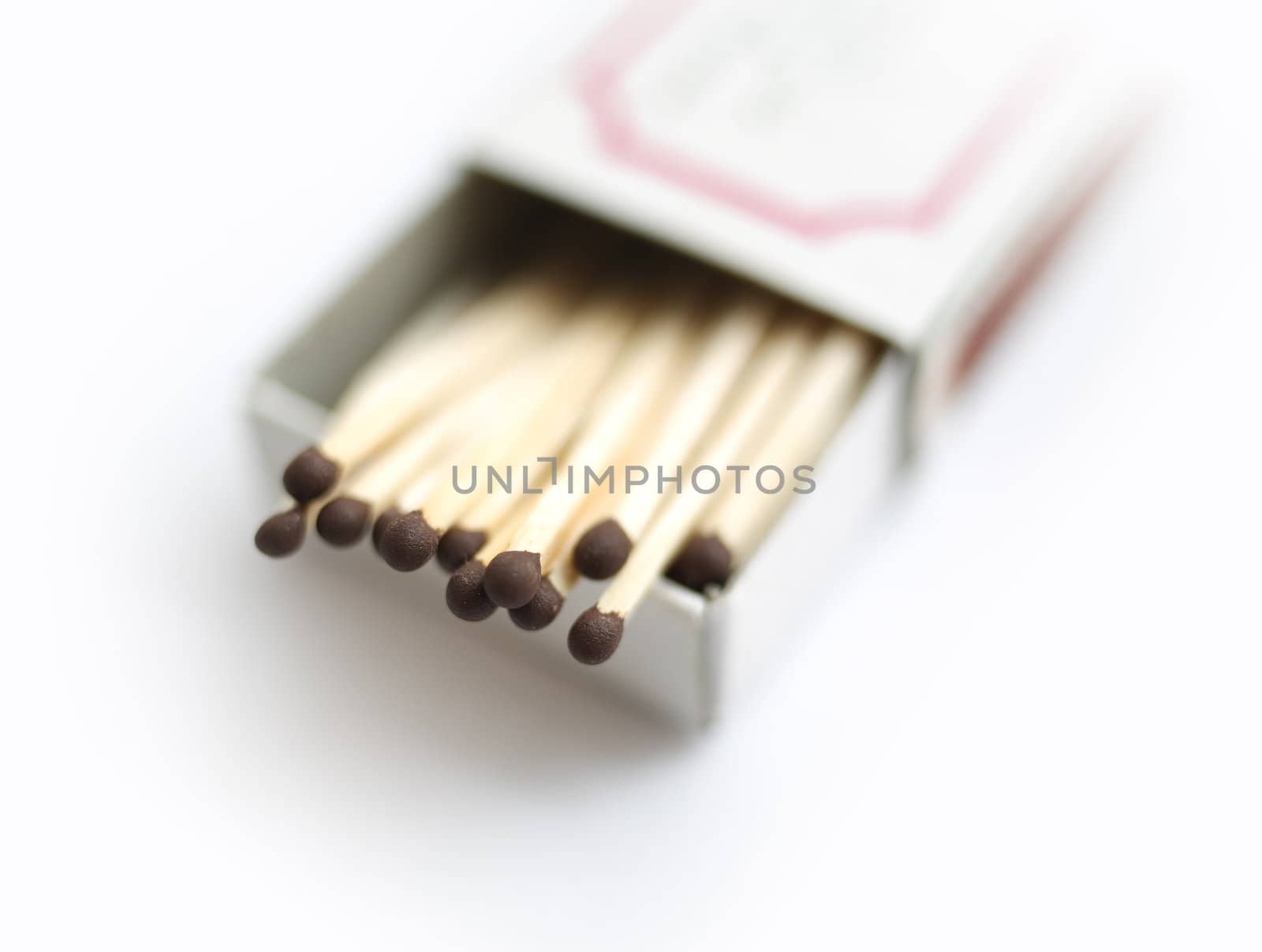 Box with matches close-up, white background