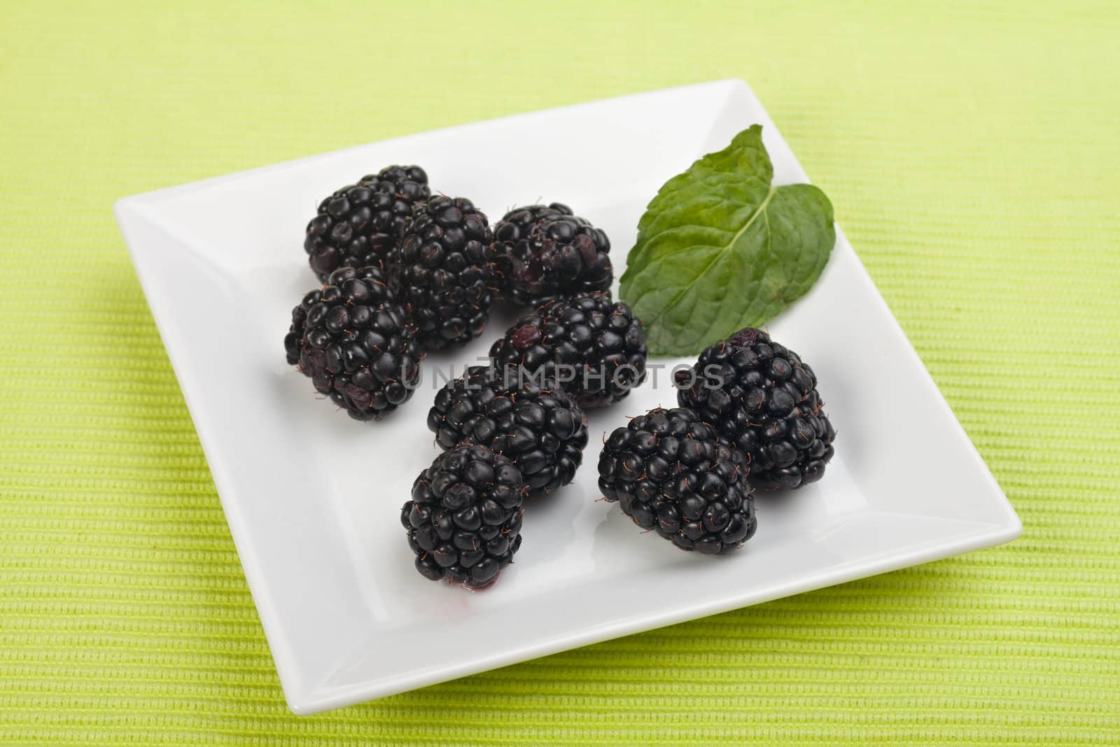 blackberries on a white plate with a peppermint leaf by bernjuer