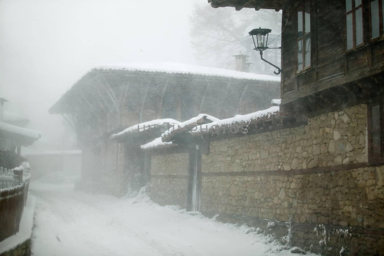 Winter street scene in Jeravna village, Bulgaria