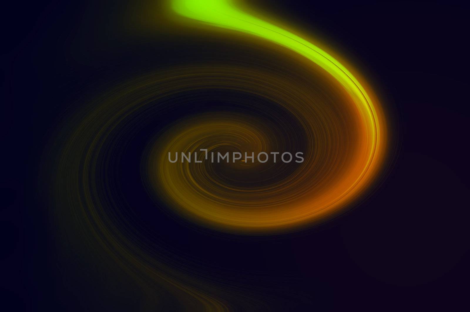 Abstract green, gold and orange coloured light effect swirl against a dark background.