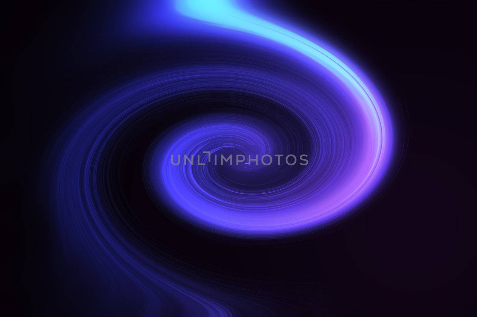 Abstract violet, blue and pink coloured light effect swirl against black background.